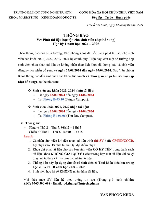 [THÔNG BÁO] Phát tài liệu học tập (đợt bổ sung) Học kỳ 1 năm học 2024 - 2025 cho sinh viên 8