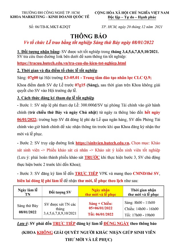 [THÔNG BÁO] Tổ chức Lễ trao bằng Tốt nghiệp ngày 08/01/2022 - Khoa Marketing - Kinh doanh quốc tế 3