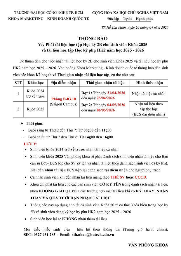 [THÔNG BÁO] Phát tài liệu học tập Học kỳ 2B cho sinh viên Khoá 2025 và tài liệu học tập Học kỳ phụ HK2 năm học 2025 - 2026 3