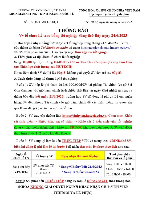 [THÔNG BÁO] Tổ chức Lễ trao bằng Tốt nghiệp ngày 24/6/2023 - Khoa Marketing - Kinh doanh quốc tế 3