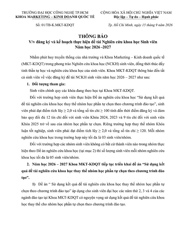 [THÔNG BÁO] V/v Đăng ký & Kế hoạch thực hiện đề tài Nghiên cứu Khoa học sinh viên năm học 2026 – 2027 Khoa Marketing - Kinh doanh quốc tế 3