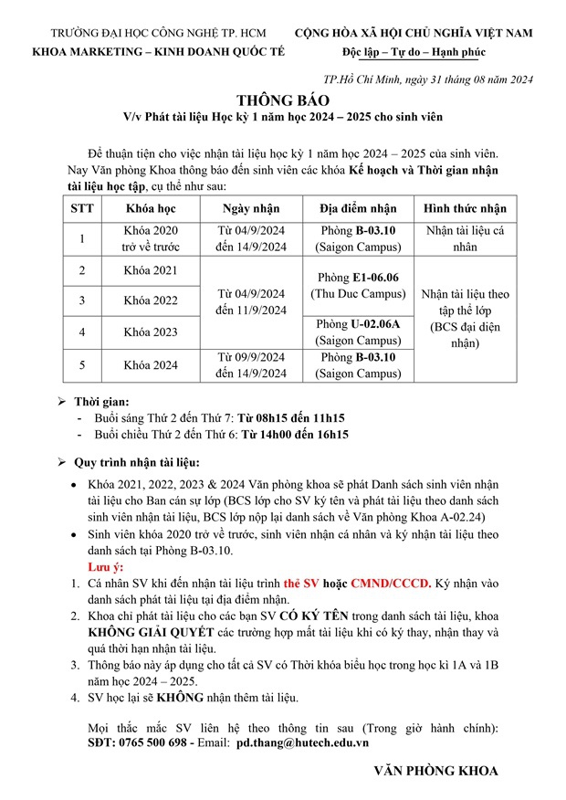 [THÔNG BÁO] Phát tài liệu học tập Học kỳ 1 năm học 2024 - 2025 cho sinh viên 8