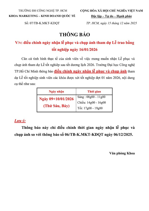 [THÔNG BÁO] Điều chỉnh thời gian nhận lễ phục và chụp ảnh tham dự Lễ trao bằng tốt nghiệp ngày 16/01/2026 3