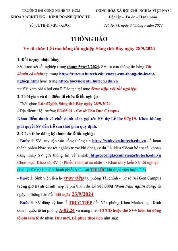 [THÔNG BÁO] Tổ chức Lễ trao bằng Tốt nghiệp ngày 28/9/2024 - Khoa Marketing - Kinh doanh quốc tế 3