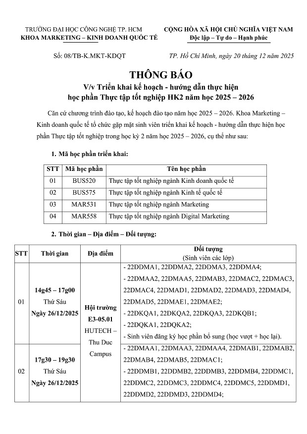 [THÔNG BÁO] Triển khai kế hoạch - hướng dẫn thực hiện học phần Thực tập tốt nghiệp HK2 năm học 2025-2026 3
