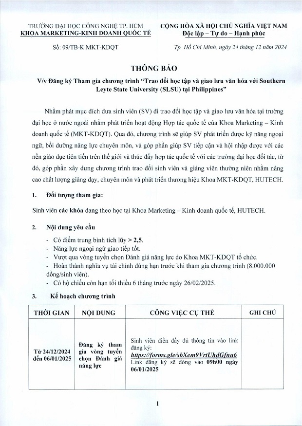 [THÔNG BÁO] Đăng ký tham gia chương trình "Trao đổi học tập và giao lưu văn hoá với Southern Leyte State University (SLSU) tại Philippine" 3