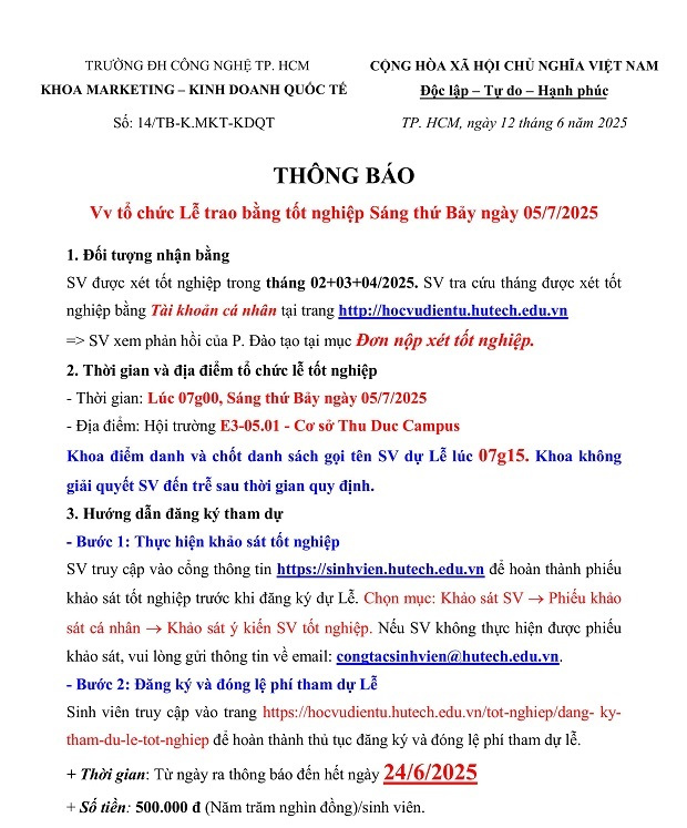 [THÔNG BÁO] Tổ chức Lễ trao bằng Tốt nghiệp ngày 05/7/2025 - Khoa Marketing - Kinh doanh quốc tế 3