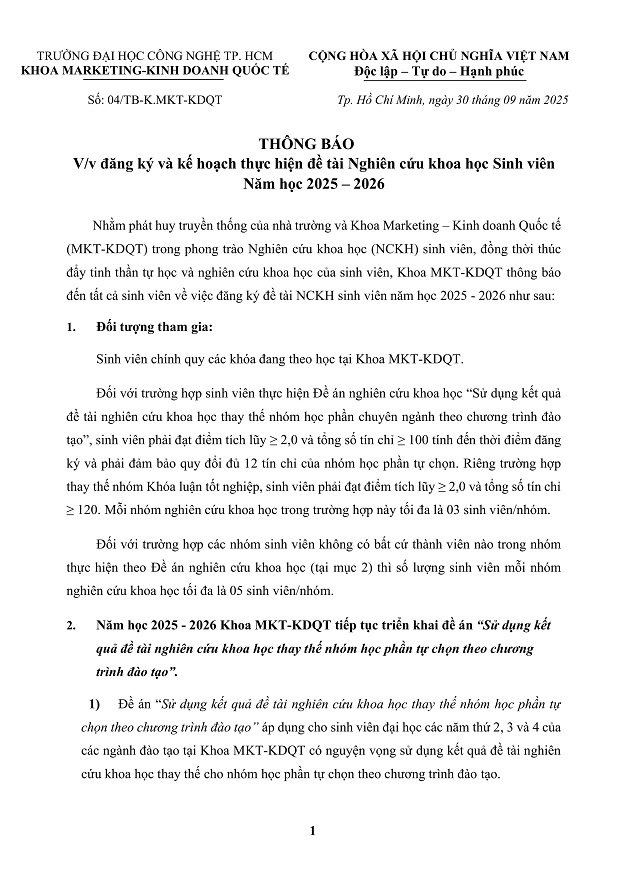 [THÔNG BÁO] V/v Đăng ký & Kế hoạch thực hiện đề tài Nghiên cứu Khoa học sinh viên năm học 2025 – 2026 Khoa Marketing - Kinh doanh quốc tế 56