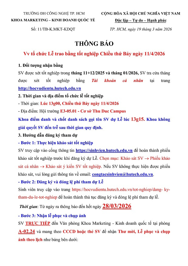 [THÔNG BÁO] Tổ chức Lễ trao bằng Tốt nghiệp ngày 11/04/2026 - Khoa Marketing - Kinh doanh quốc tế 3