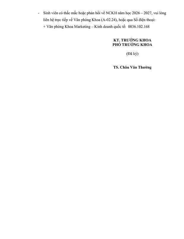 [THÔNG BÁO] V/v Đăng ký & Kế hoạch thực hiện đề tài Nghiên cứu Khoa học sinh viên năm học 2026 – 2027 Khoa Marketing - Kinh doanh quốc tế 8