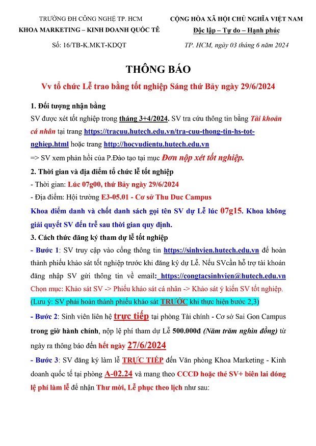 [THÔNG BÁO] Tổ chức Lễ trao bằng Tốt nghiệp ngày 29/06/2024 - Khoa Marketing - Kinh doanh quốc tế 3