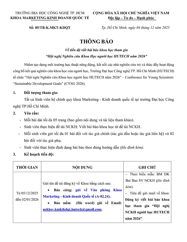 [THÔNG BÁO] V/v Tiến độ viết bài báo khoa học tham gia "Hội nghị Nghiên cứu khoa học người học HUTECH năm 2026" 3