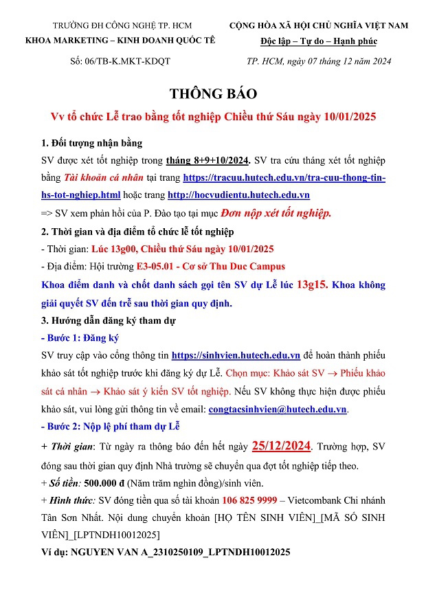 [THÔNG BÁO] Tổ chức Lễ trao bằng Tốt nghiệp ngày 10/01/2025 - Khoa Marketing - Kinh doanh quốc tế 3