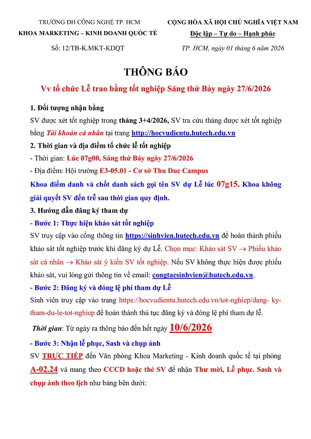 [THÔNG BÁO] Tổ chức Lễ trao bằng Tốt nghiệp ngày 27/06/2026 - Khoa Marketing - Kinh doanh quốc tế 3
