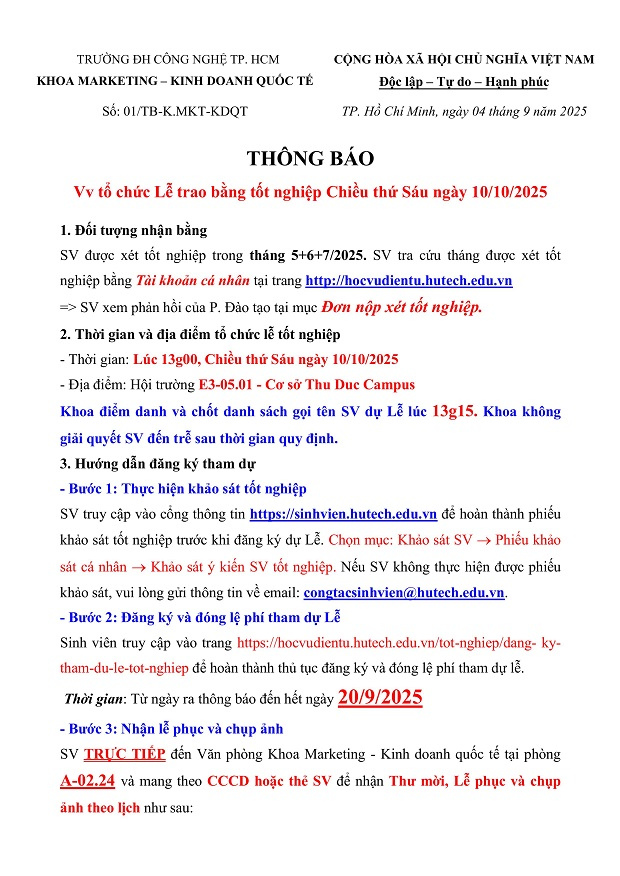 [THÔNG BÁO] Tổ chức Lễ trao bằng Tốt nghiệp ngày 10/10/2025 - Khoa Marketing - Kinh doanh quốc tế 3