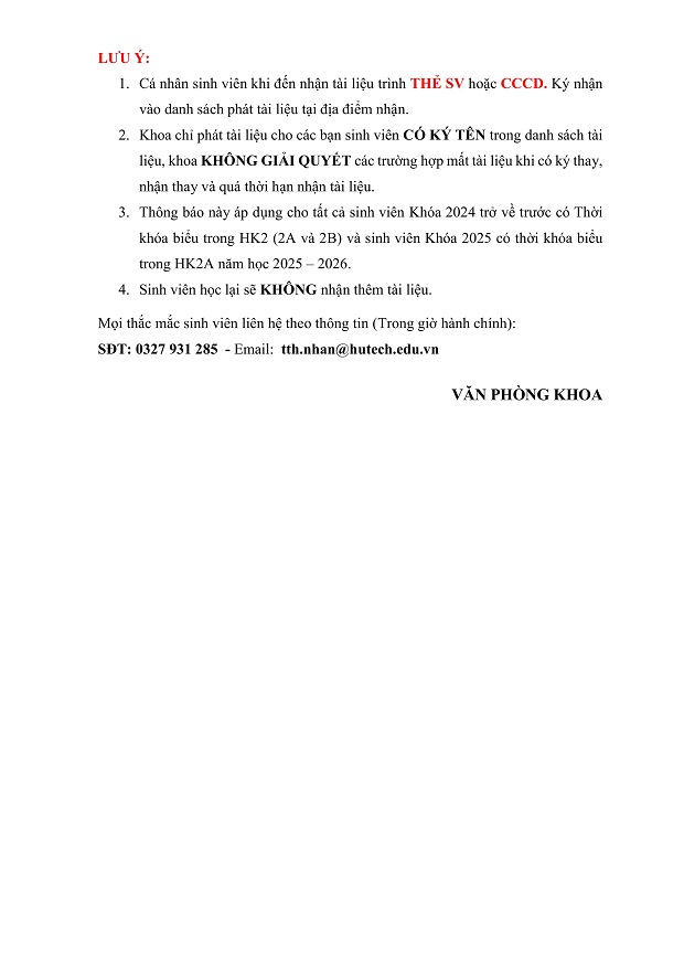 [THÔNG BÁO] Phát tài liệu học tập Học kỳ 2 cho sinh viên Khoá 2024 trở về trước và Học kỳ 2A cho sinh viên Khoá 2025 năm học 2025 - 2026 4