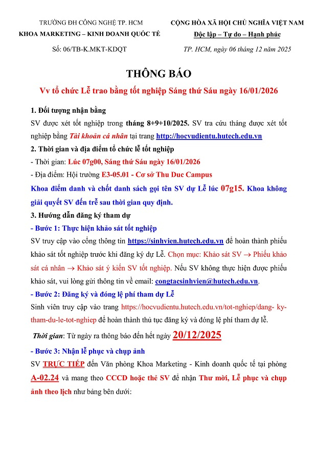 [THÔNG BÁO] Tổ chức Lễ trao bằng Tốt nghiệp ngày 16/01/2026 - Khoa Marketing - Kinh doanh quốc tế 3