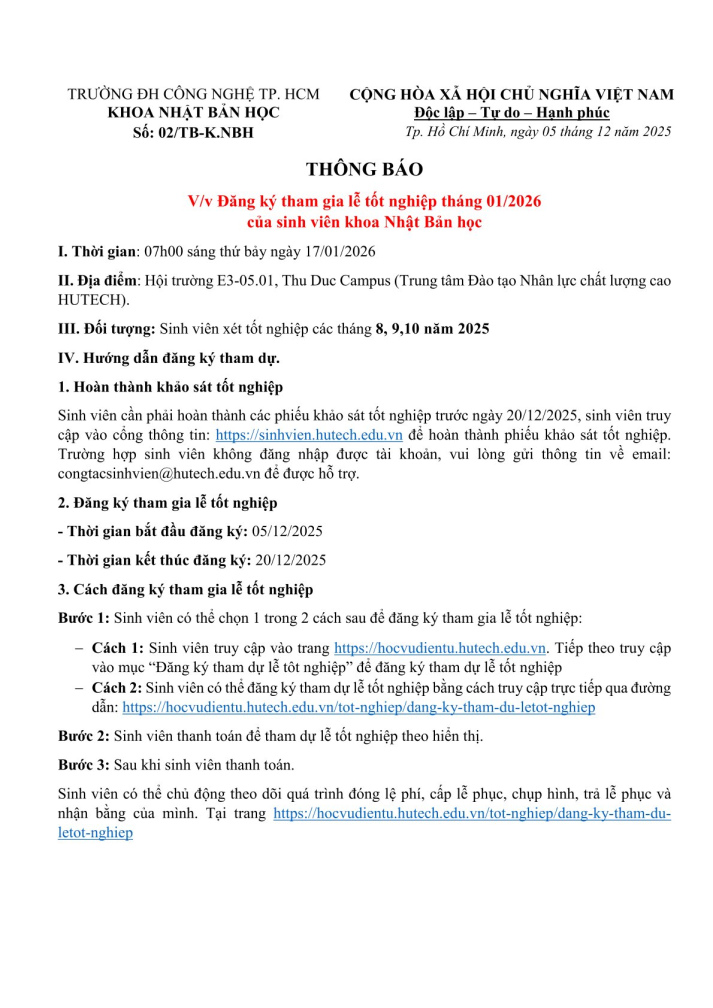 Đăng ký tham gia lễ tốt nghiệp Sáng thứ Bảy ngày 11/10/2025 của sinh viên khoa Nhật Bản học 2