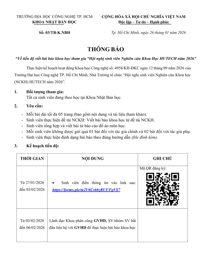Thông báo Về tiến độ viết bài báo khoa học tham gia “Hội nghị sinh viên Nghiên cứu Khoa Học HUTECH năm 2026 2
