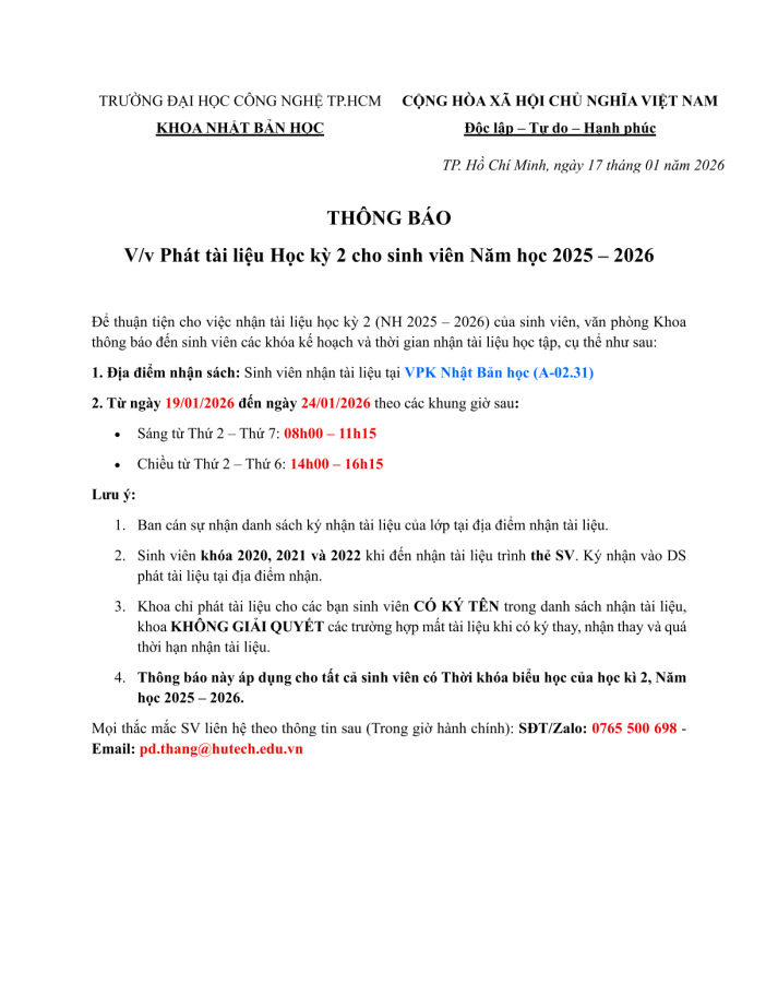 Thông báo phát tài liệu Học kỳ 2 cho sinh viên Năm học 2025 – 2026 2
