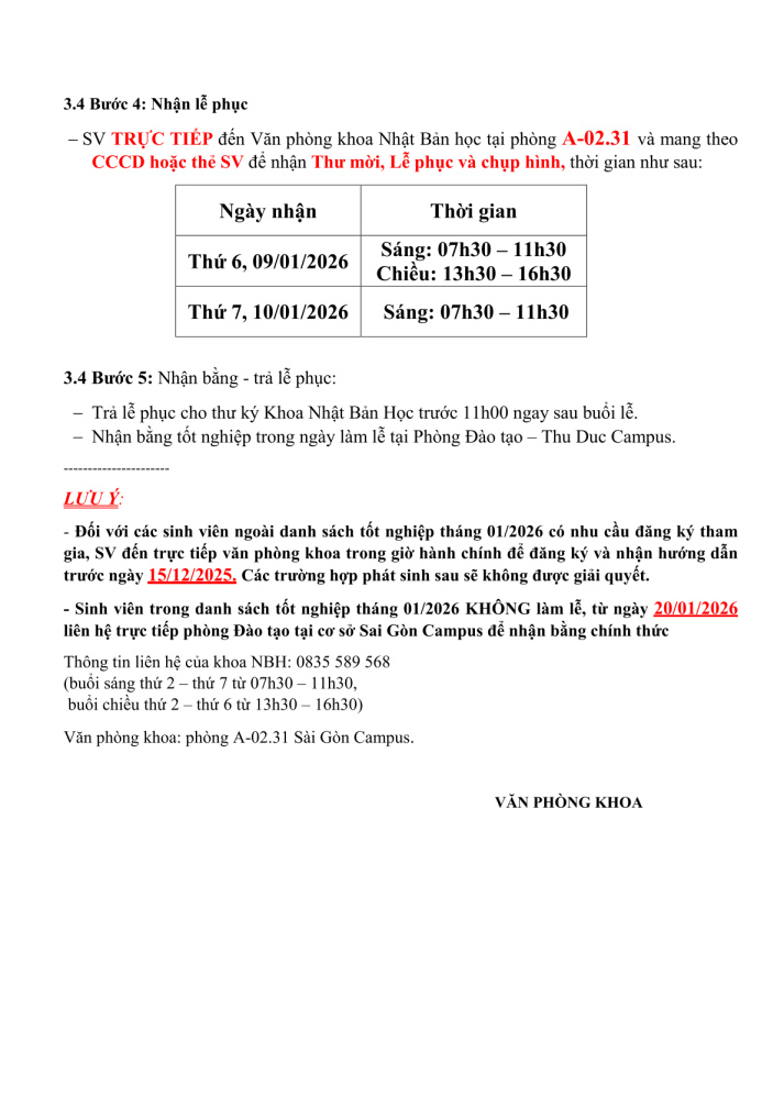 Đăng ký tham gia lễ tốt nghiệp Sáng thứ Bảy ngày 11/01/2026 của sinh viên khoa Nhật Bản học 3
