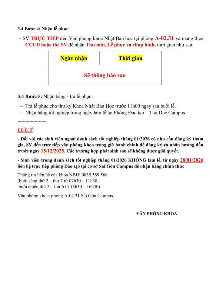 Đăng ký tham gia lễ tốt nghiệp Sáng thứ Bảy ngày 11/10/2025 của sinh viên khoa Nhật Bản học 3