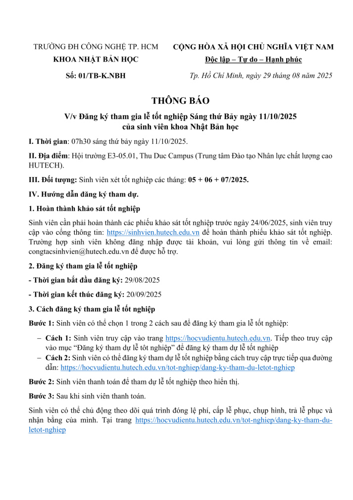 Đăng ký tham gia lễ tốt nghiệp Sáng thứ Bảy ngày 11/10/2025 của sinh viên khoa Nhật Bản học 2