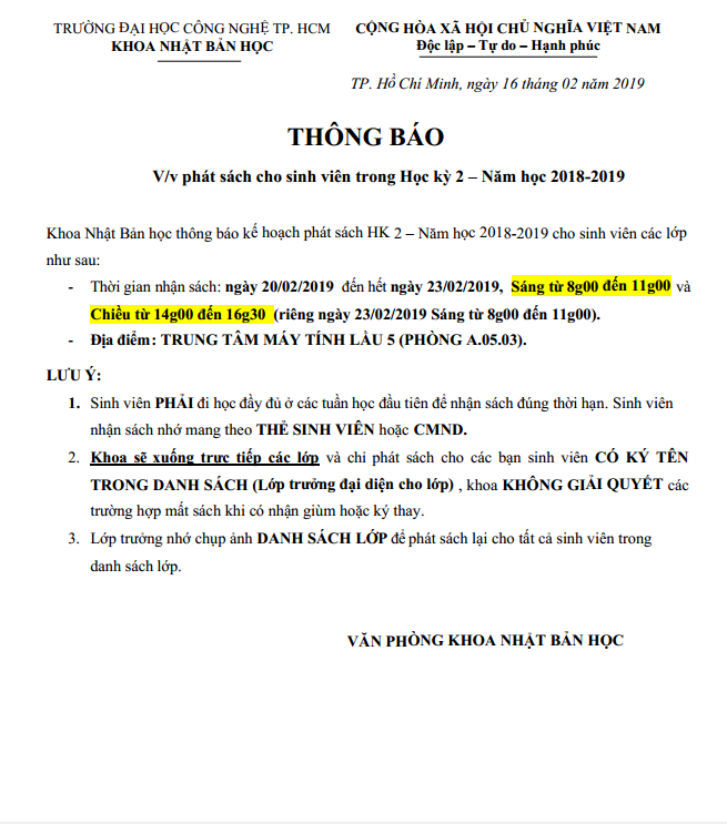 TB v/v phát sách cho SV HK2 năm học 2018 - 2019 2