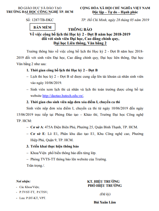 Công bố lịch thi HK2B năm học 2018 - 2019 2