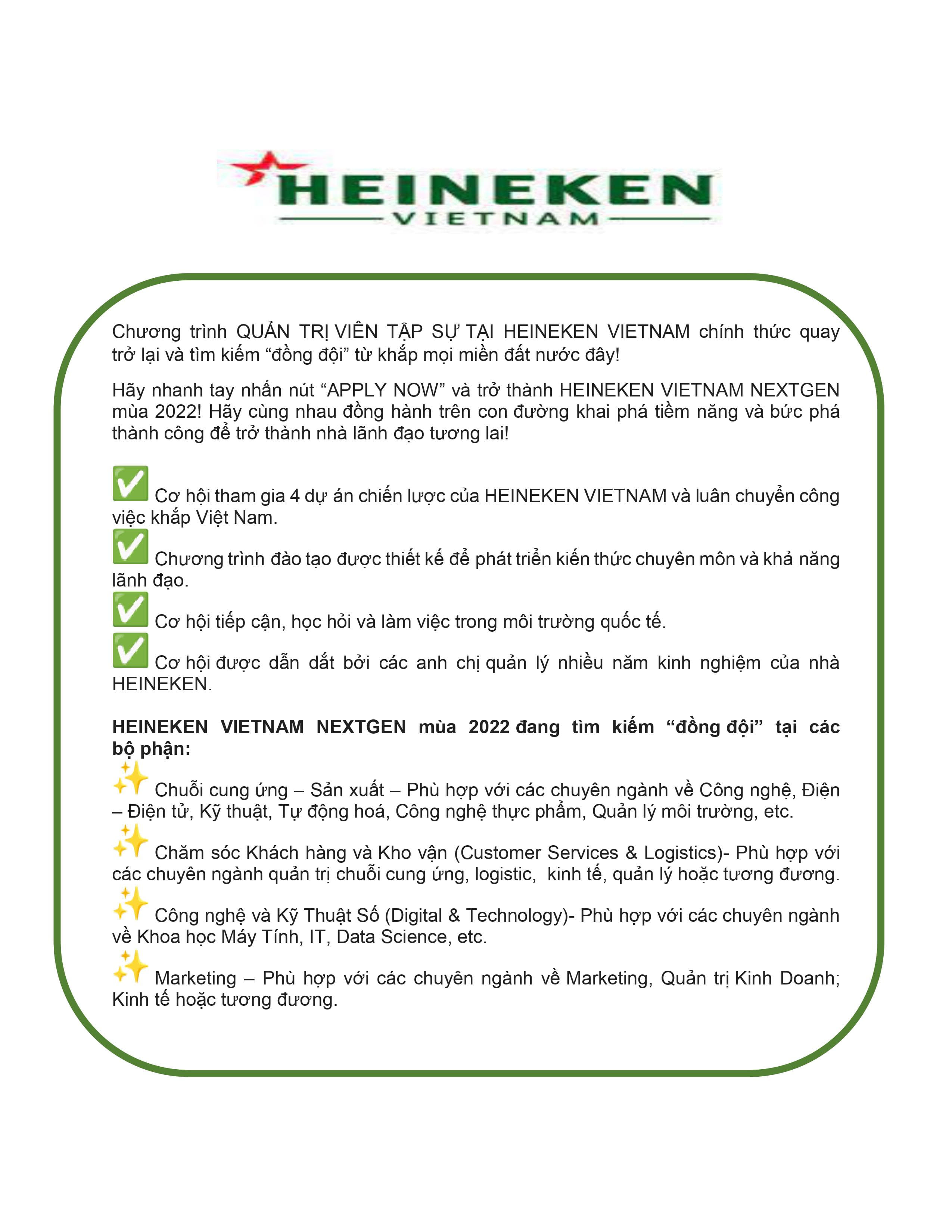 Thông báo tuyển dụng Quản trị viên Thực tập tại Heineken Việt Nam 2