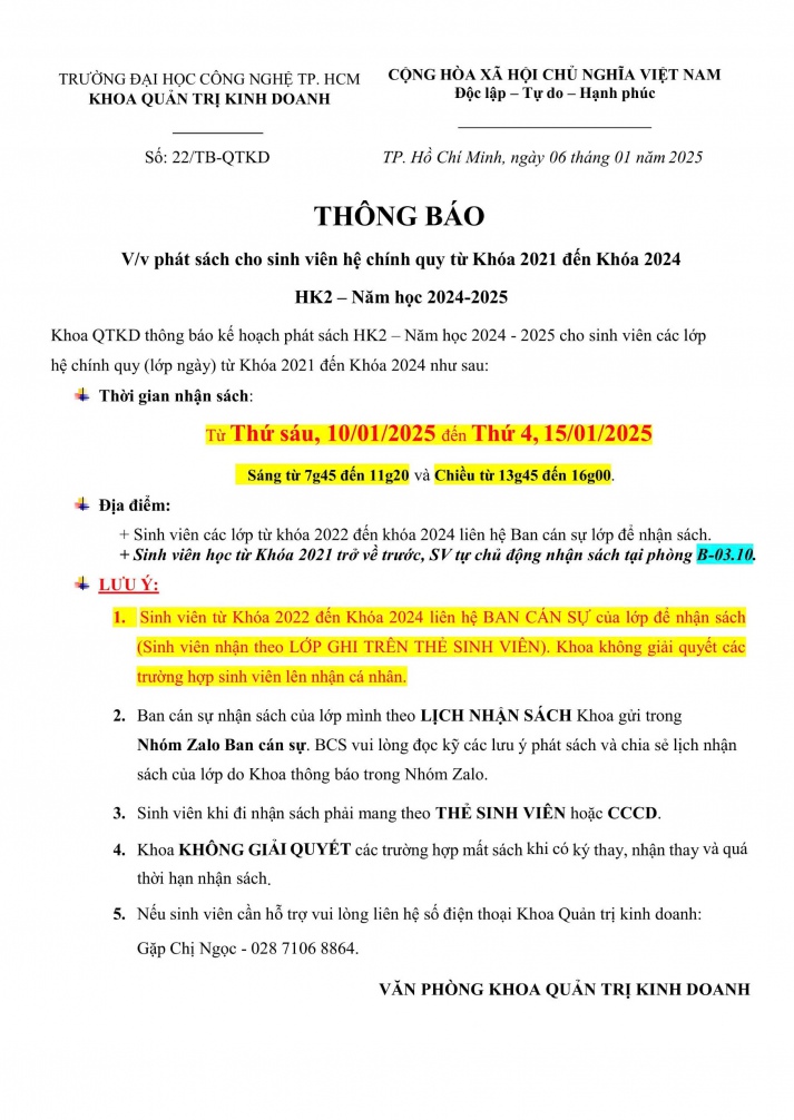 THÔNG BÁO V/v phát sách cho sinh viên hệ chính quy từ Khóa 2021 đến Khóa 2024 trong HK2 – Năm học 2024-2025 2