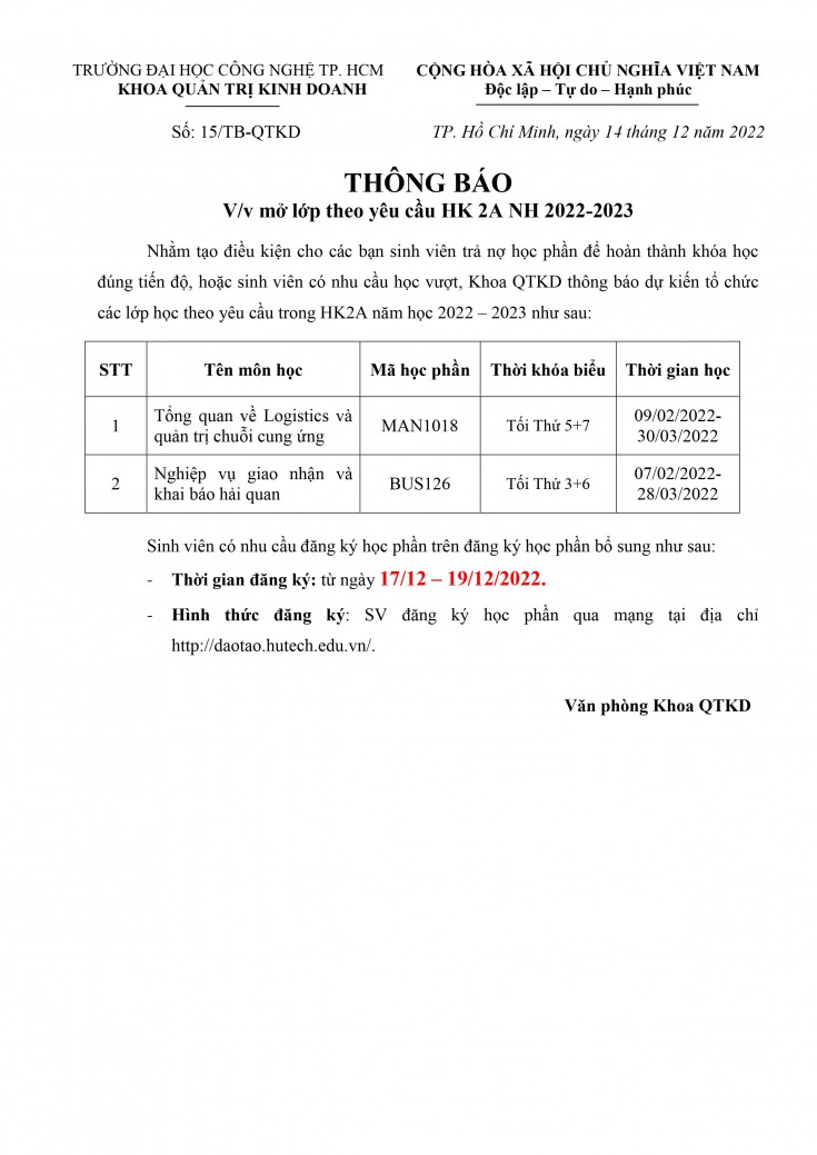THÔNG BÁO V/v mở lớp theo yêu cầu HK 2A NH 2022-2023 2