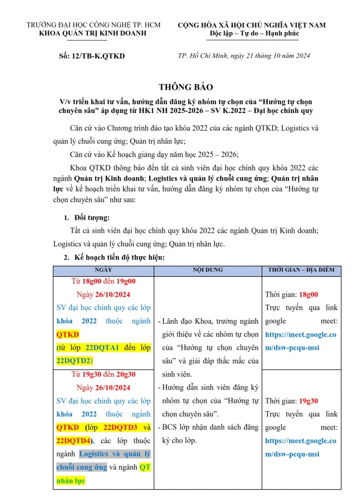 V/v triển khai tư vấn, hướng dẫn đăng ký nhóm tự chọn của “Hướng tự chọn chuyên sâu” áp dụng từ HK1 NH 2025-2026 – SV K.2022 – Đại học chính quy 2