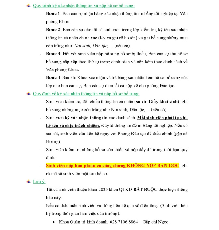 Về việc xác nhận thông tin in bằng tốt nghiệp và nộp hồ sơ bổ sung đối với sinh viên đại học chính quy khóa 2025 5
