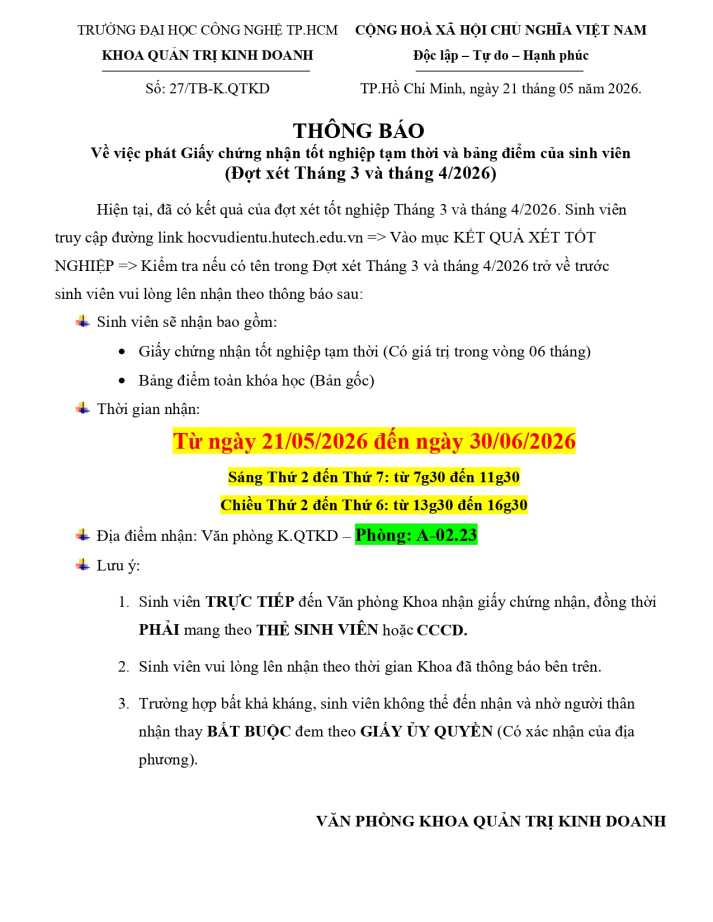 Thông báo phát Giấy chứng nhận tốt nghiệp tạm thời và bảng điểm của sinh viên (Đợt xét Tháng 3 + 4/2026) 3