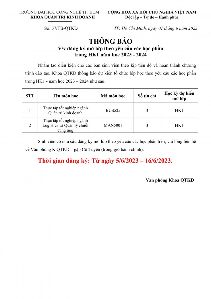 V/v đăng ký mở lớp theo yêu cầu các học phần trong HK1 năm học 2023 - 2024 2