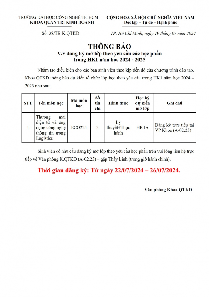 Thông báo v/v đăng ký mở lớp theo yêu cầu học phần trong HK1 năm học 2024 - 2025 (Bổ sung) 2