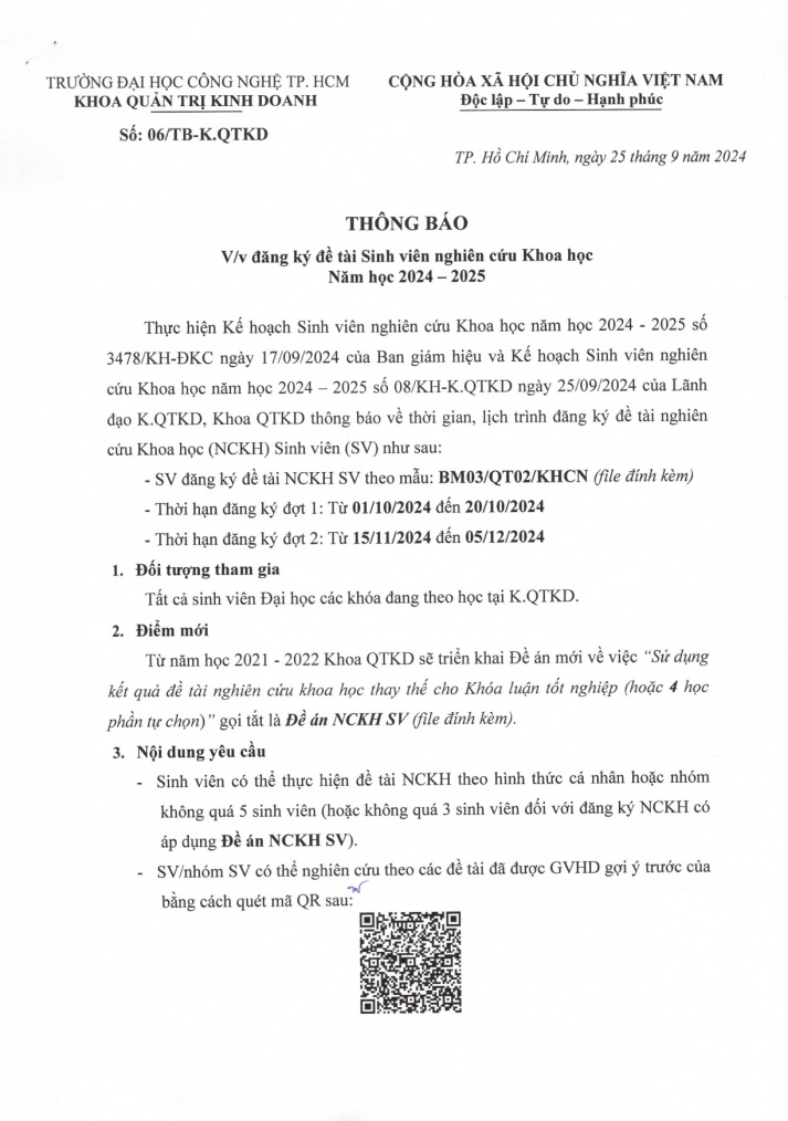 Thông báo v/v đăng ký đề tài Sinh viên nghiên cứu Khoa học Năm học 2024 – 2025 2