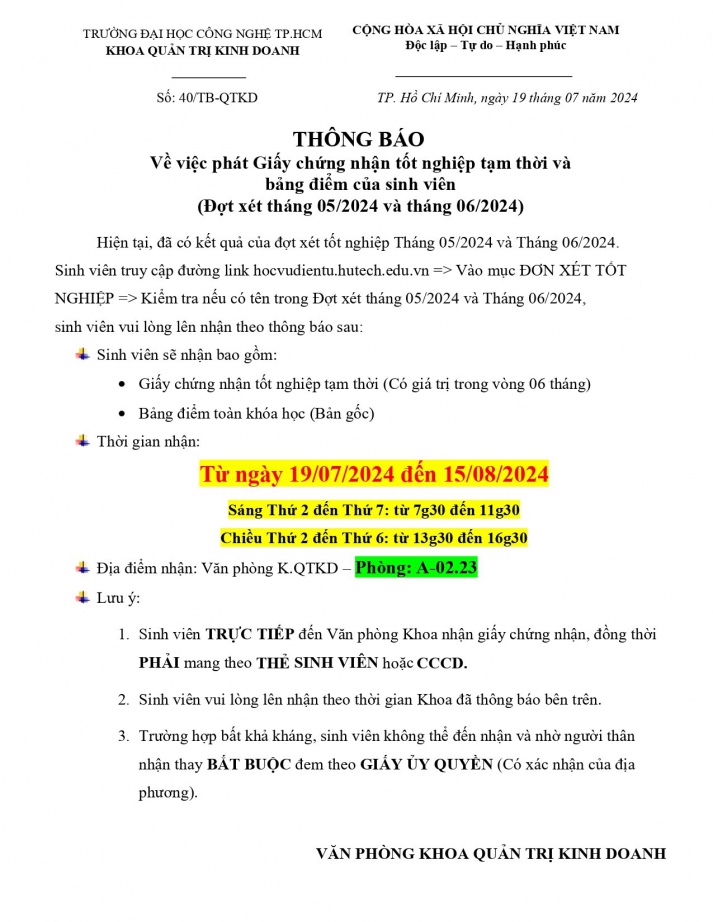 Thông báo Về việc phát Giấy chứng nhận tốt nghiệp tạm thời  và bảng điểm của sinh viên ( Đợt xét tháng 5 và tháng 6 năm 2024) 2