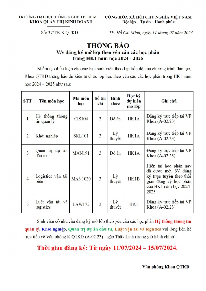 THÔNG BÁO V/v đăng ký mở lớp theo yêu cầu các học phần  trong HK1 năm học 2024 - 2025 2