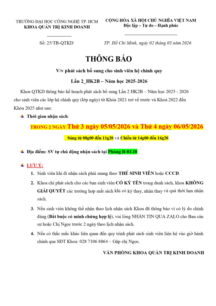 Thông báo phát sách bổ sung cho sinh viên hệ chính quy Lần 2_HK2B – Năm học 2025-2026 3