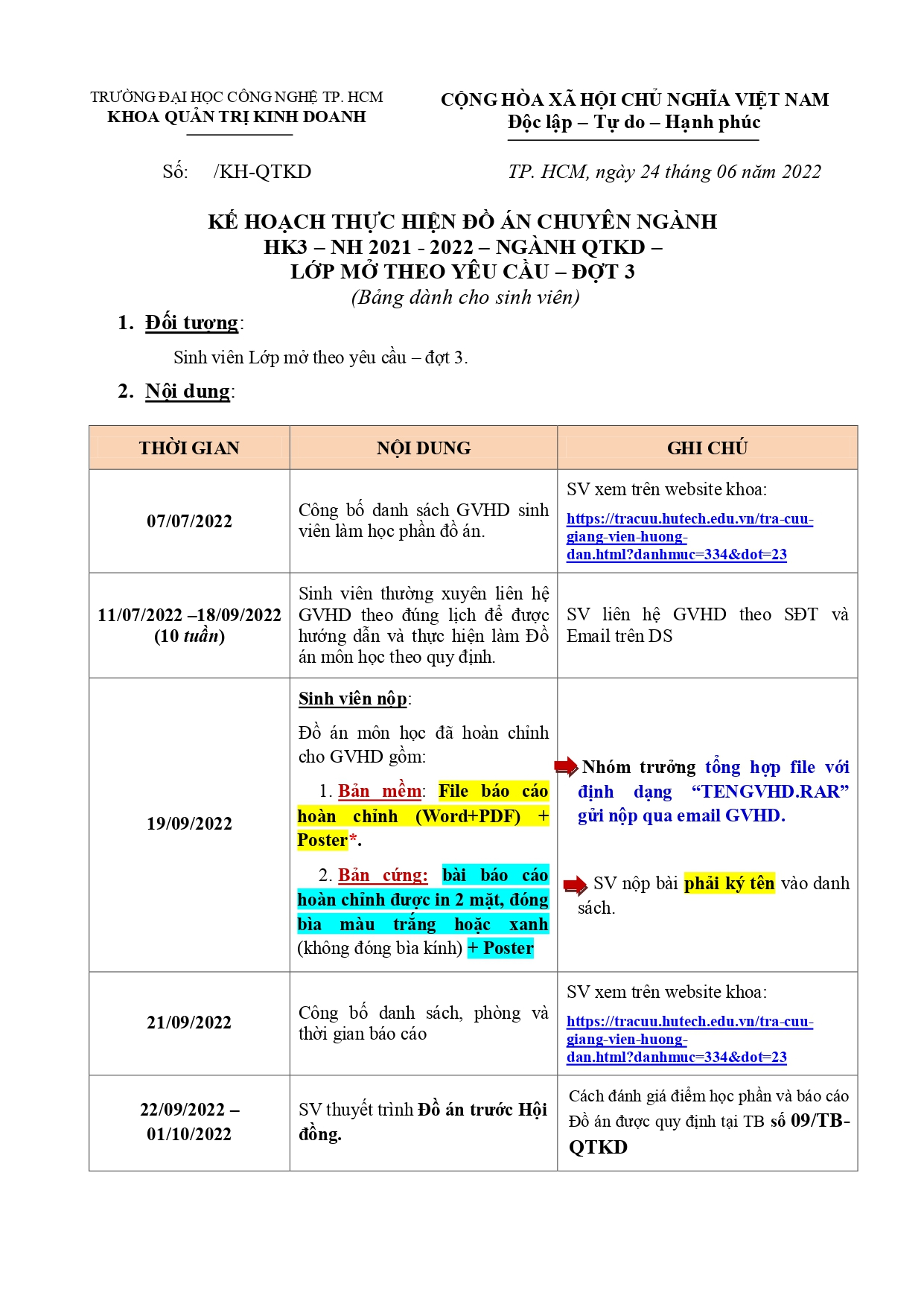 Kế hoạch thực hiện Đồ án chuyên ngành QTKD - HK3 – NH 2021 - 2022 (11/07/2022 - 18/09/2022) 10