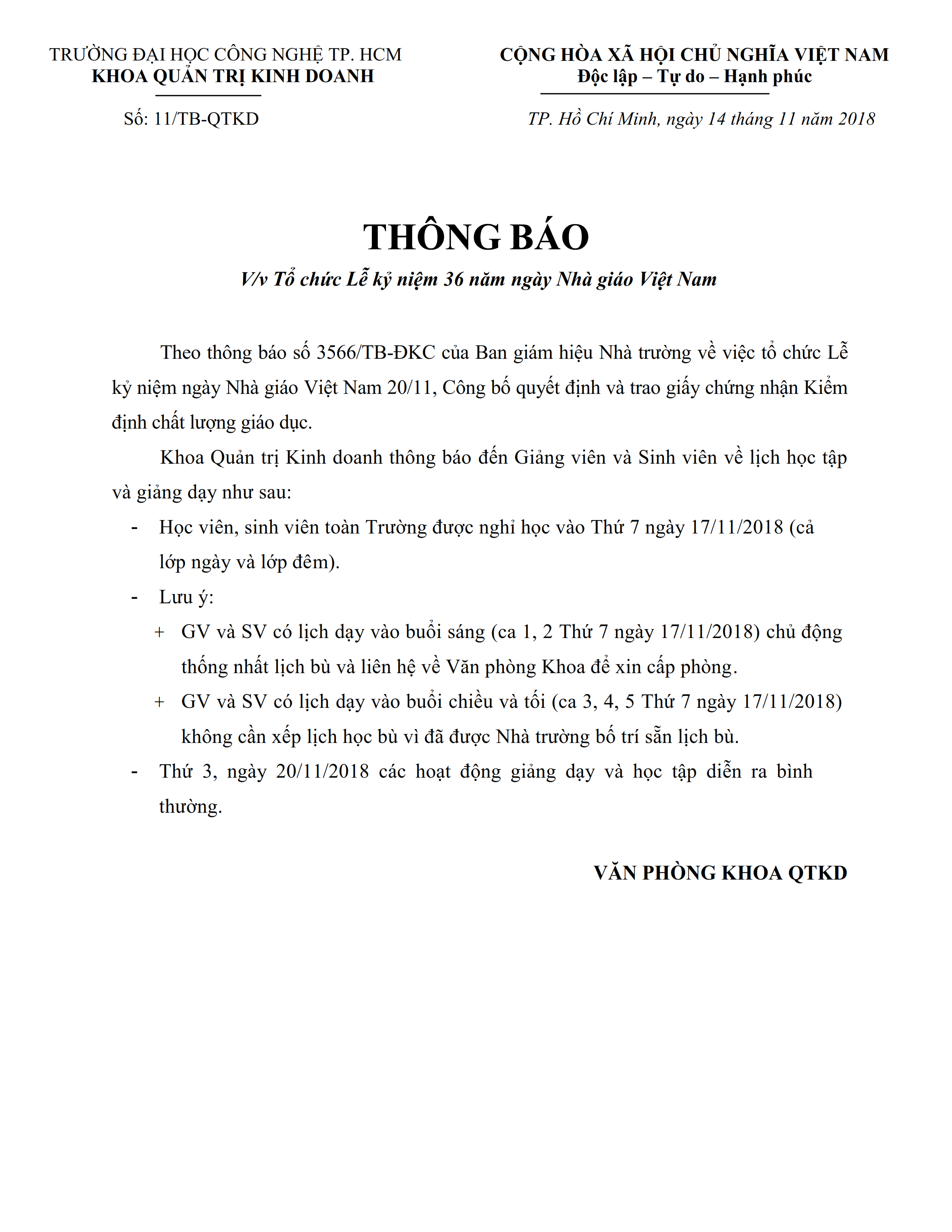 TB V/v Tổ chức Lễ kỷ niệm 36 năm ngày Nhà giáo Việt Nam 2