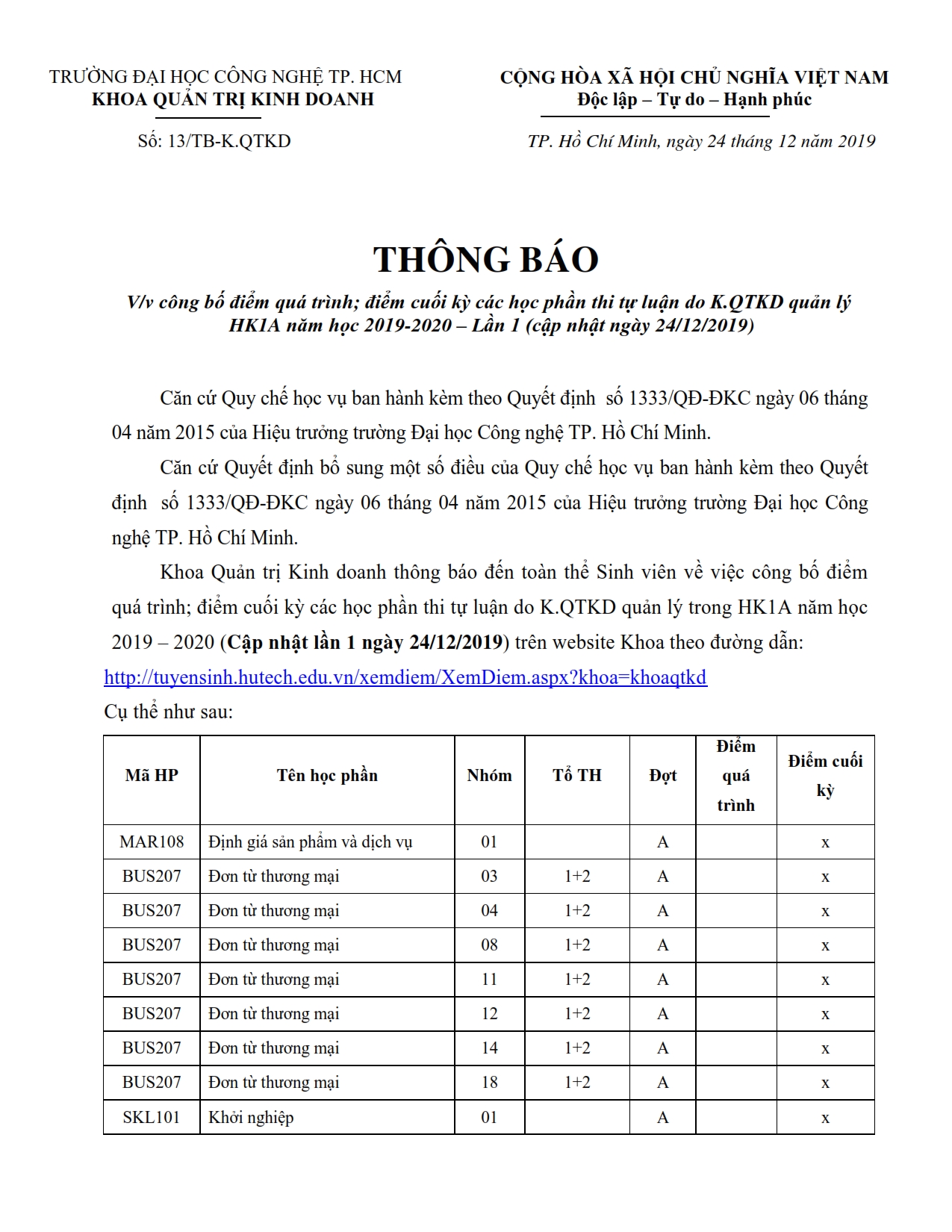 TB v/v công bố điểm quá trình; cuối kỳ (các học phần thi tự luận) do K.QTKD quản lý - HK1A (Lần 1) - NH 19-20 3