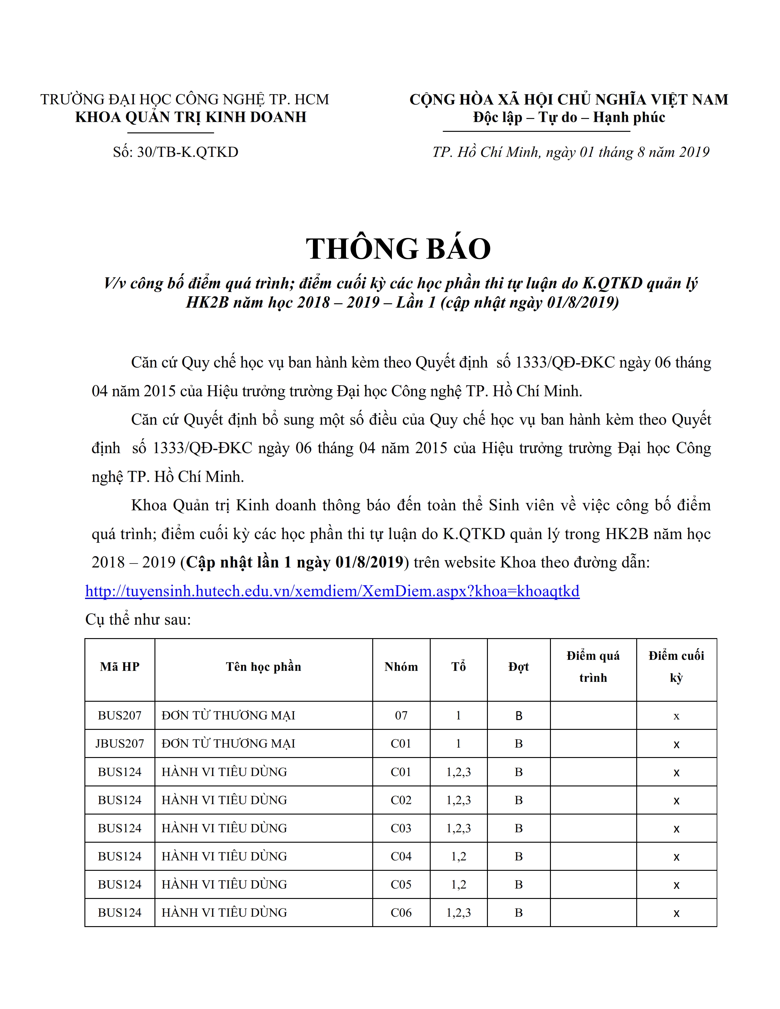 TB v/v công bố điểm quá trình; cuối kỳ các học phần thi tự luận do K.QTKD quản lý - HK2B (Lần 1)- NH 18-19 2