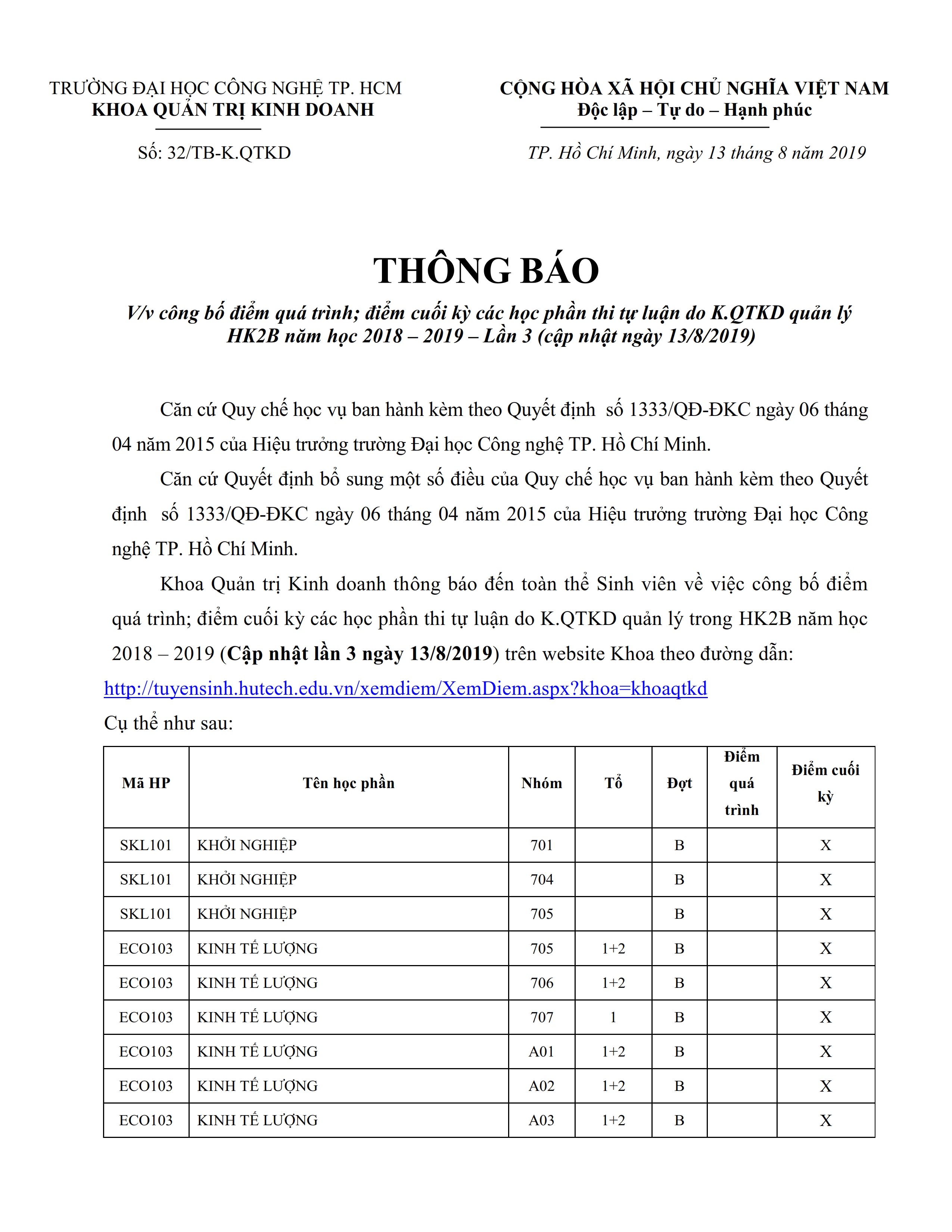 TB v/v công bố điểm quá trình; cuối kỳ các học phần thi tự luận do K.QTKD quản lý - HK2B (Lần 3)- NH 18-19 2