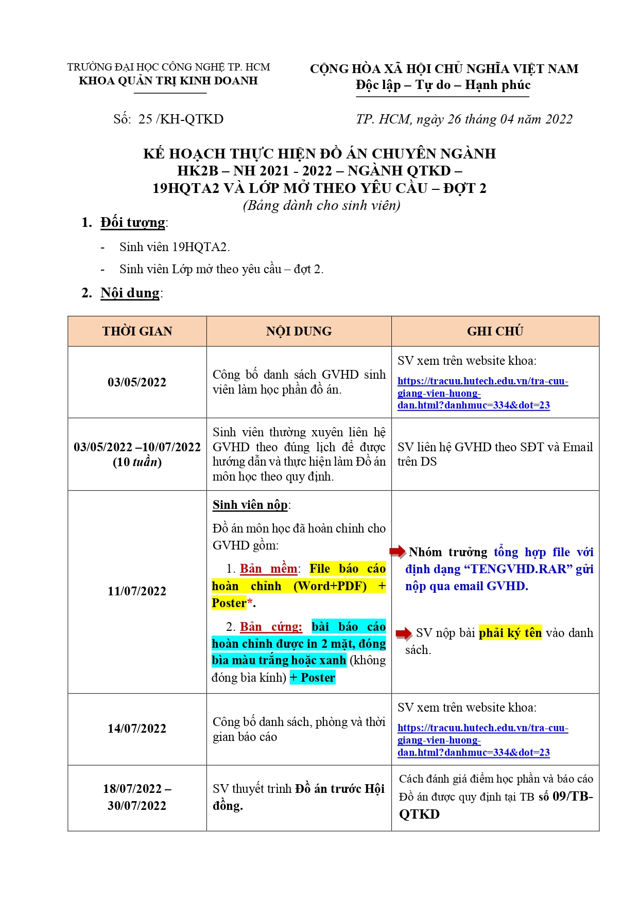 Kế hoạch thực hiện Đồ án chuyên ngành QTKD - HK2B – NH 2021 - 2022 (03/05/2022 - 10/07/2022) 8