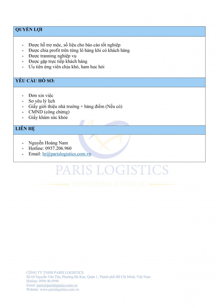 Thông báo Tuyển dụng - Công ty PARIS LOGISTICS 3
