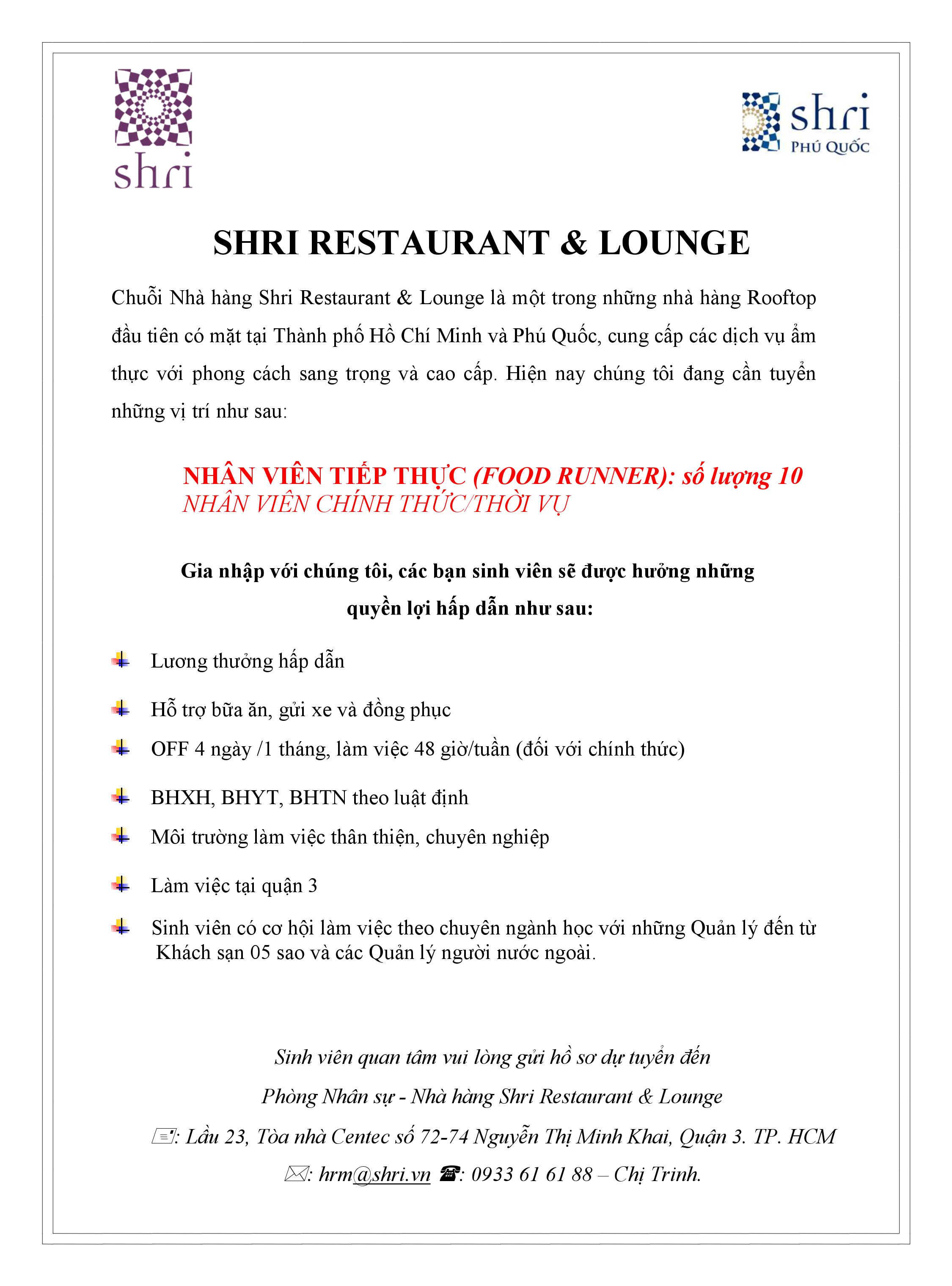 Shri Restaurant & Lounge tuyển dụng 2