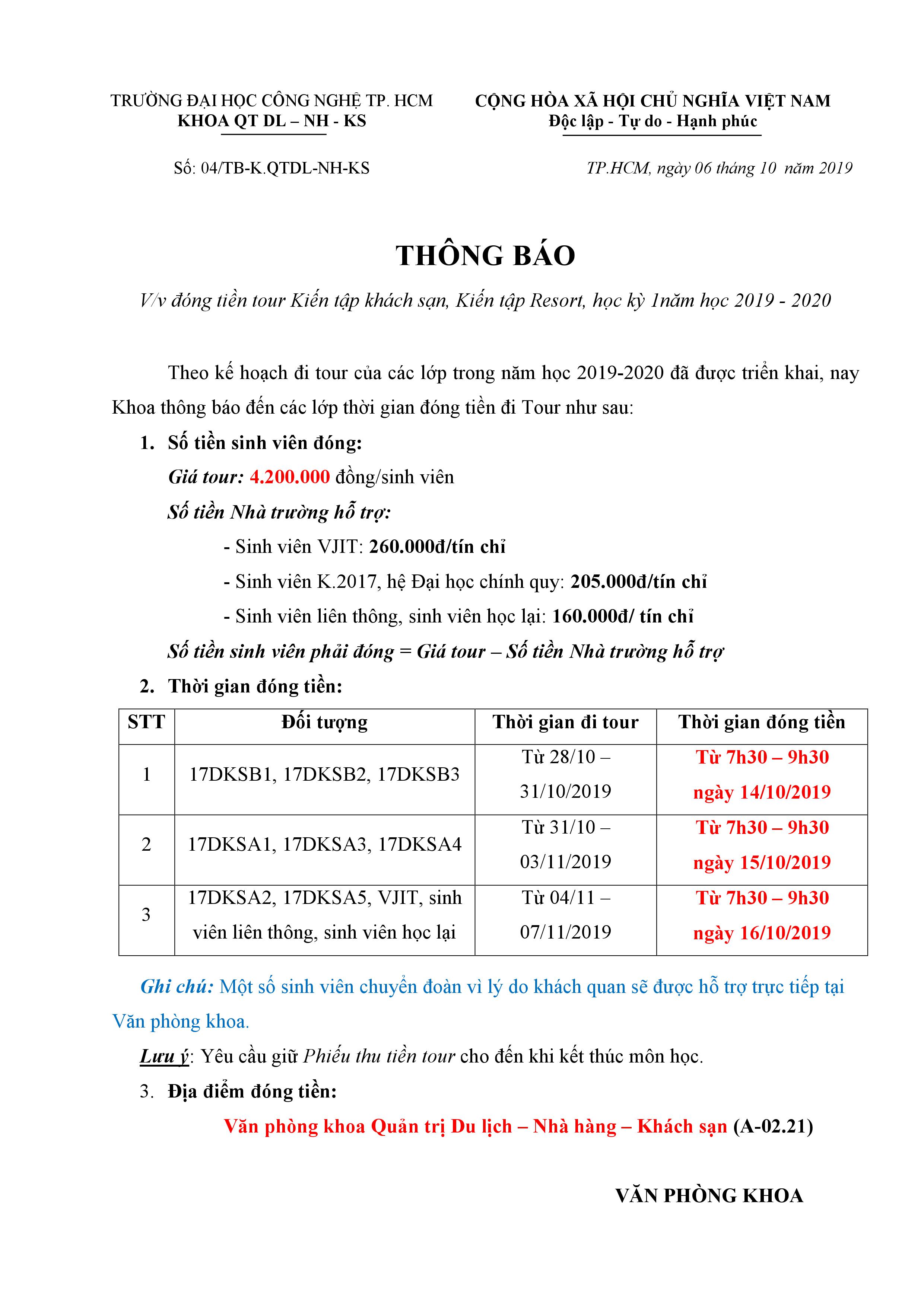 Thông báo đóng tiền tour Kiến tập khách sạn, Kiến tập Resort, học kỳ 1 NH 2019 - 2020 2